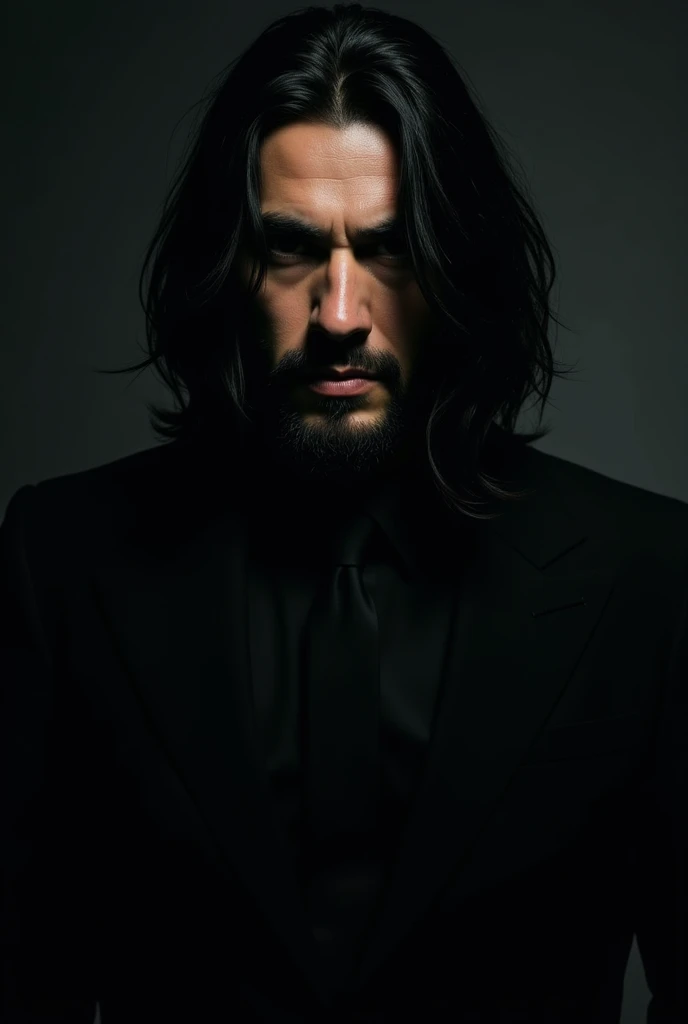  I want a phone wallpaper of a young mafia leader with long hair and a light beard without showing his face .
and writing his name Vartolu Hakan.In small print 
I say without showing face