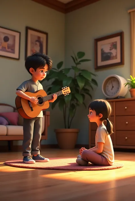  young girl is sitting on the Right side floor and young boy playing the guitar left side  3D  characters