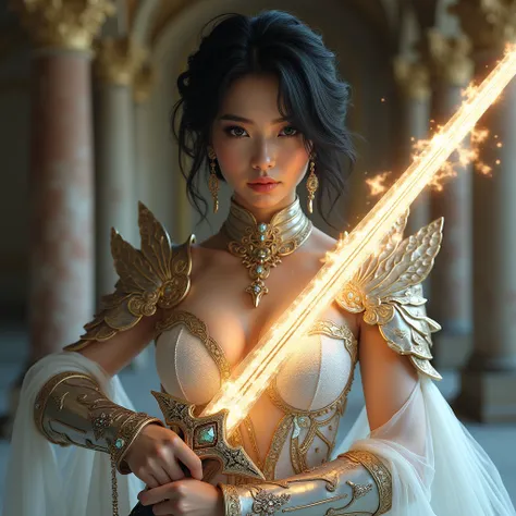 A stunning female warrior exudes an otherworldly allure with her mesmerizing features and commanding presence. She has short, jet-black hair that frames her face, with strands elegantly falling over one eye and cascading between her brows, adding mystery t...