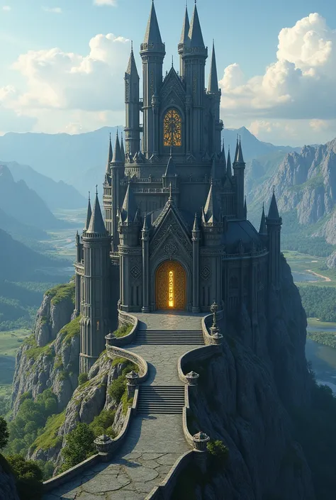 A majestic and majestic mountaintop castle with a golden gate and silver decorations and walls of black steel 