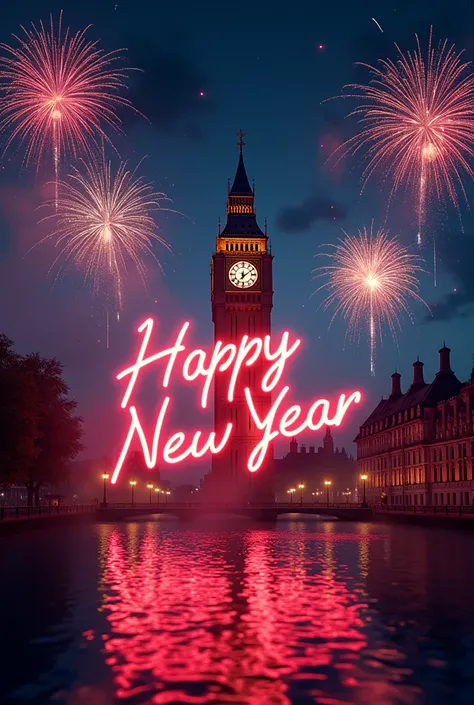 "Happy new year " text clearly written in the night sky, colour full , more sky crackers , beautiful clock building 