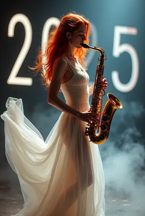 A beautiful Red hair woman playing Saxophone, shes wearing a white sheer sexy dress,  from saxofone going Number 2025