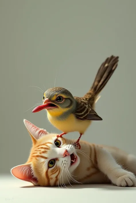 Little bird eating a cat