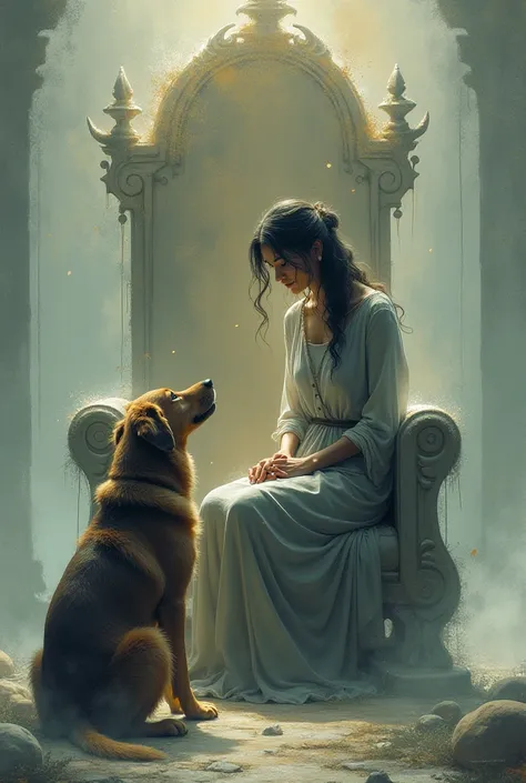 A humble woman sitting with a dog on a throne made of magic, their gaze meet, abstract
