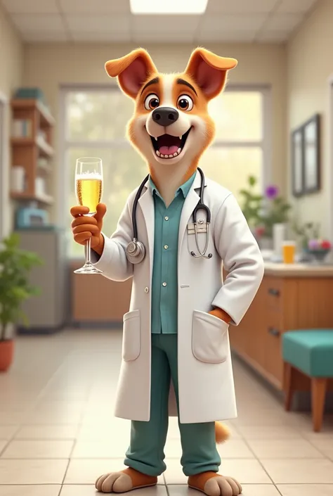 Make a veterinarian with champagne in his hand he is human he is a smiling dog at the veterinary clinic 