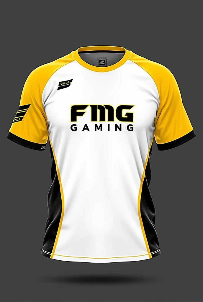 Make a short sleeve t-shirt , white with yellow and black details on the t-shirt ring and on its sleeve,  and on the front of the t-shirt written FMG gaming and in the upper left corner written Guilda and with black details in the corners