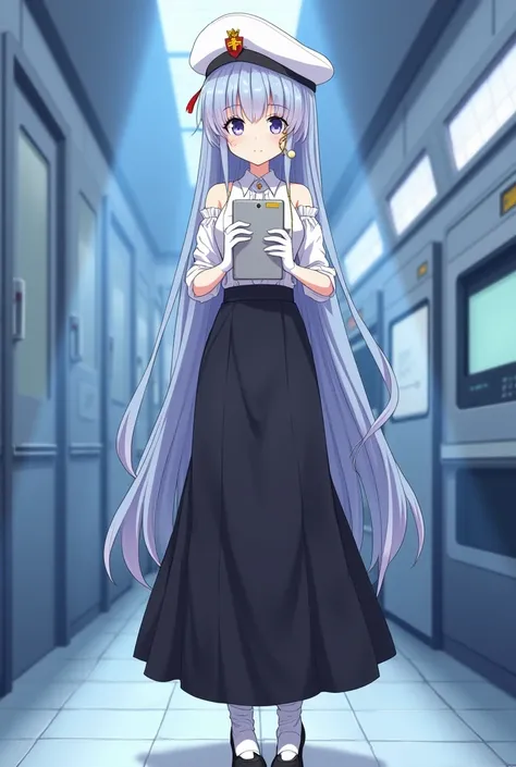 A tall and pale anime girl who is physically fit, with thin, somewhat cat-like eyes, with thick upper eyelashes, a couple of longer and more pronounced ones poking out to each far side, their irises a bluish-lilac color. Her hair is straight and reaches do...