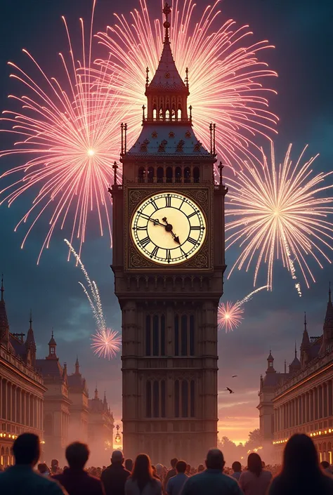 Change from old to new year showing a clock with lots of lights and fireworks 
