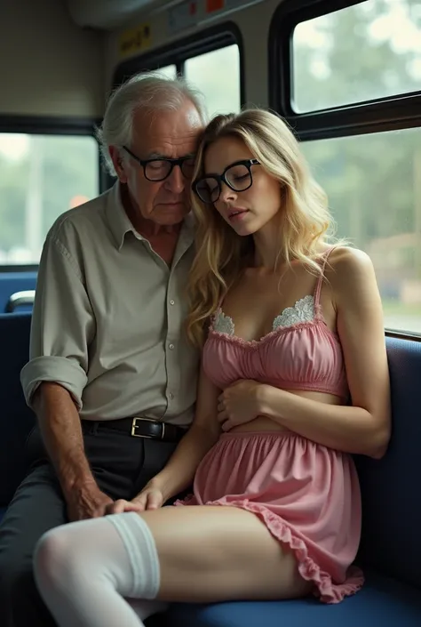 an elderly western man and a young blonde woman, long loose hair wavy at the ends, western, 20s, wearing black-framed glasses, on a bus. sleeping on the bus turned to one side. Eyes closed, dark pink dress, delicate, very short, mouth half open with white ...