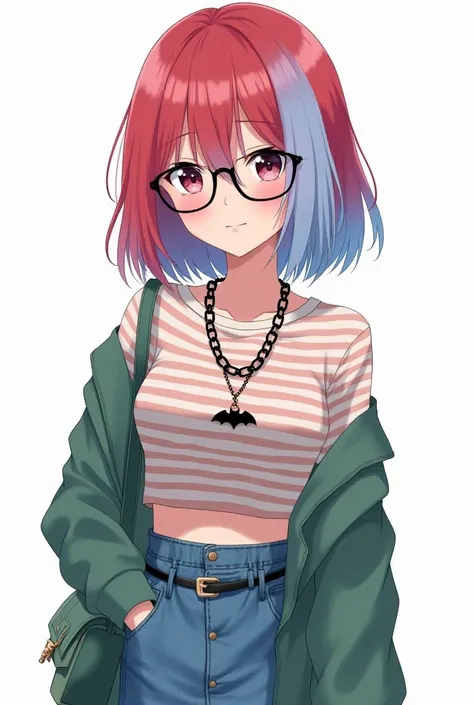 A girl with above shoulder hair, her hair has two colors, the right half is red, the left half is baby blue, with a few lilac highlight. Her eye color is a gradation of black and pink, she wears a striped crop top layered with a macha green cardigan paired...