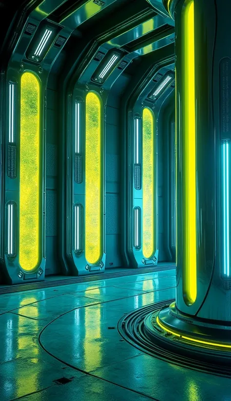 LEDs cyber punk tunnel center three pillars neon gold metallic, Color yellow 0.1% green 1%, three white pillars neo , three laterally long windows with neon white glitter, Contrasted BLUE