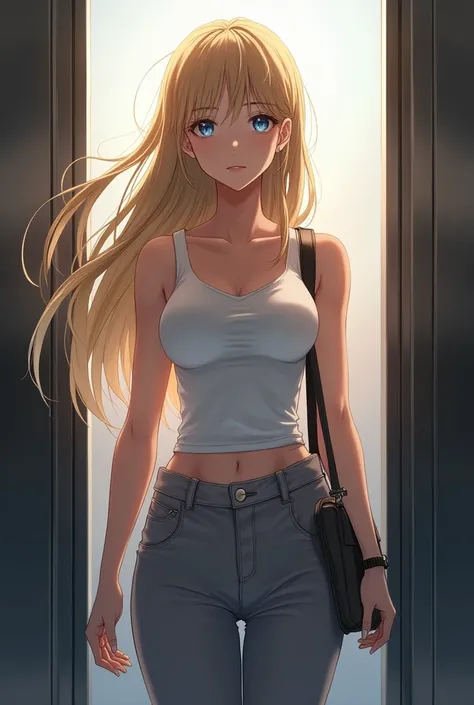 anime girl, long blonde hair, blue eyes, white tank top, tight fitting tank top, long grey pants, tucked-in, round neckline, casually standing, tank top tucked-in, toned muscular arms, free hair, in elevator, messenger bag, watch, tucked-in, standing,