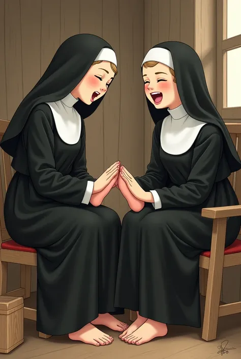  Creates a romantic illustration depicting two young nuns in a rural and rustic environment .  One of them is seated in a wooden chair with bare feet exposed resting on a container or box. The other nun ,  kneeling in front of her , She holds both her feet...