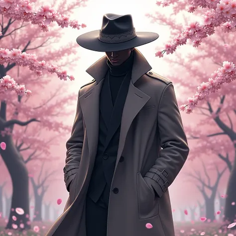 Cool person wearing oversized browd overcoat and a hat, among sakura flowers and a pretty scenerio