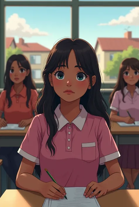 rina who is a new comer in american school and she is a bangladeshi.. Wearing a pink uniform sitting in her bench with her friend. Other mean girls are making fun of her