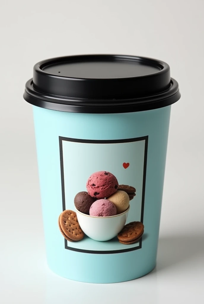  Thick cylindrical plastic container of high-quality artisanal ice cream , the container must have the black lid ,  the container must have a rectangular frame with black edges printed on the plastic container ,  inside the printed rectangular frame there ...