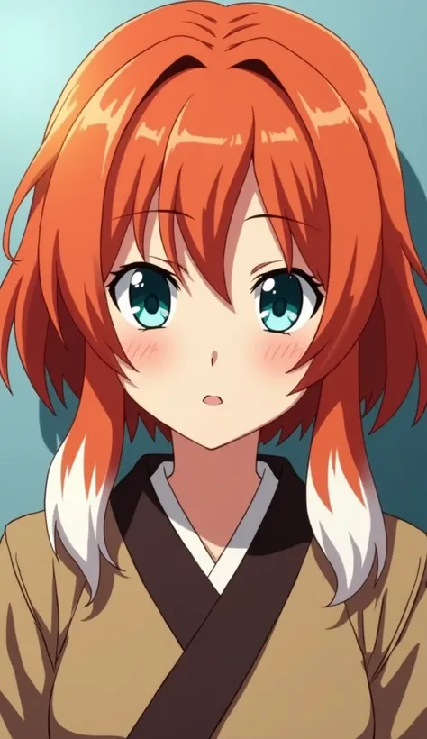 Anime Jujutsu Kaisën by Gegê Akutami create a female character based on this anime with very smooth fiery orange red hair with two white locks highlighted on the front of her hair, light blue-green eyes, beige skin 