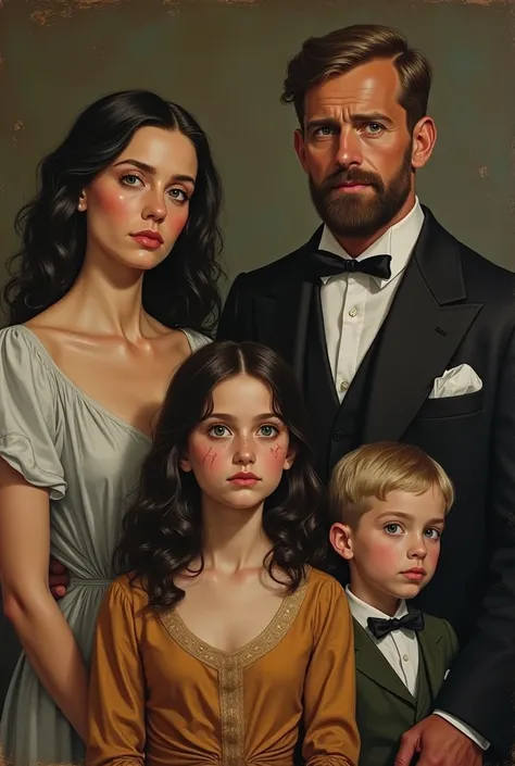  Create an image of a painting of the Monte Verde family,  a rich family from 1926 ,  follow the following description :
 The patriarch of the family has an athletic body and a brown beard and is about 45.  His wife is gorgeous and 
She has a scar on her f...