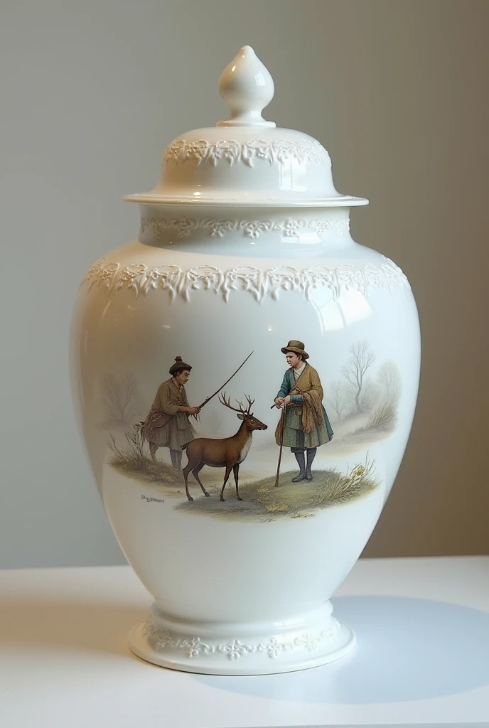 Ash urn in white on which something related to hunting is painted 