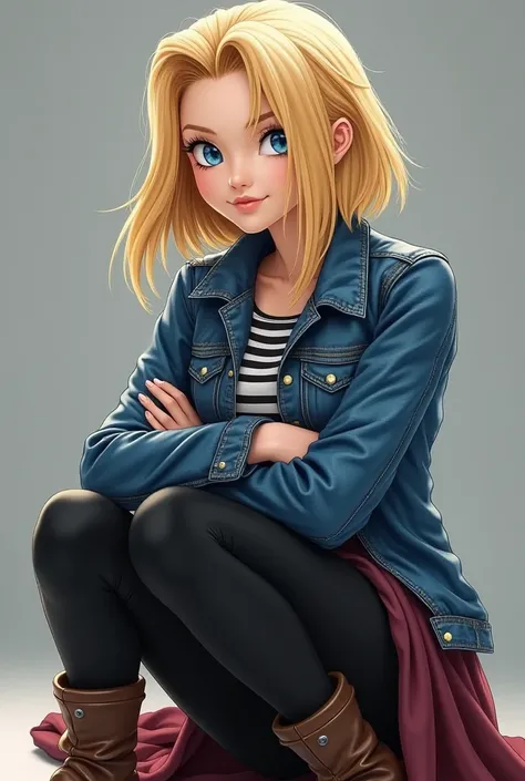  Blonde woman big blue eyes /  medium straight hair styled with tuft /denim jacket and skirt /  black and white striped blouse underneath  / black legging pants /  brown boots with toe / low position with crossed arms / sexy/ Shorter hair with a tuft style...