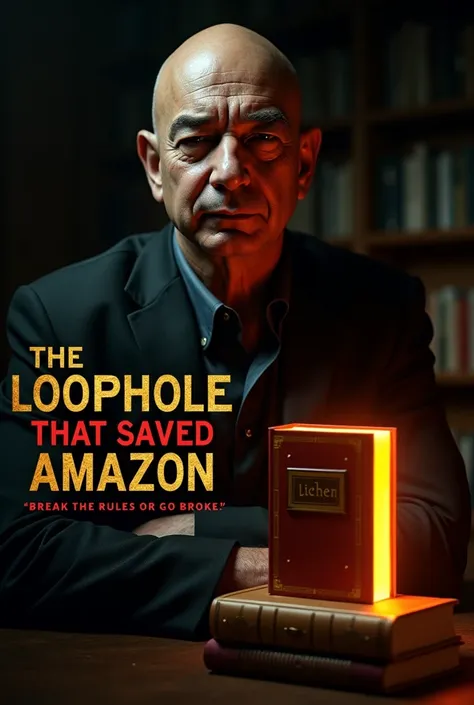 A dramatic thumbnail featuring Jeff Bezos looking determined, illuminated by sharp lighting that casts deep shadows. To the side, a glowing, obscure book titled Lichen sits on a stack of books, symbolizing the loophole. The background fades into darkness w...