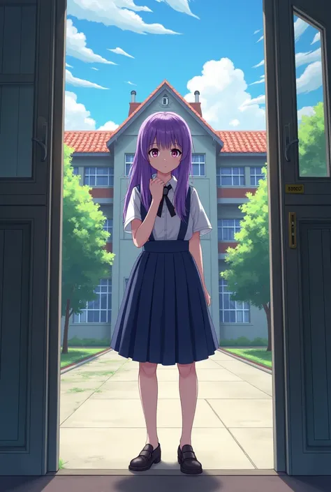 A girl with purple hair at the school door 