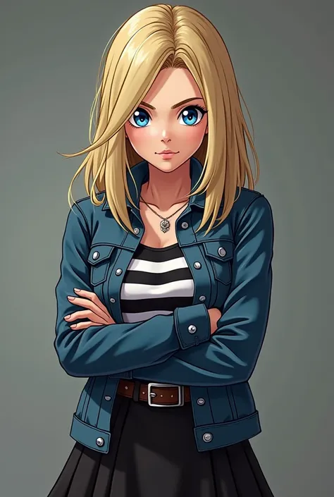  Blonde woman big blue eyes /  medium straight hair styled with tuft /denim jacket and skirt /  black and white striped blouse underneath  / black legging pants /  brown boots with toe / low position with crossed arms / sexy/ Shorter hair with a tuft style...