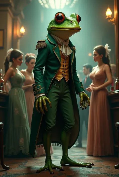 Create a weird talking Humanoid frog that wears Victorian-era clothes in a brothel with young women and drunks