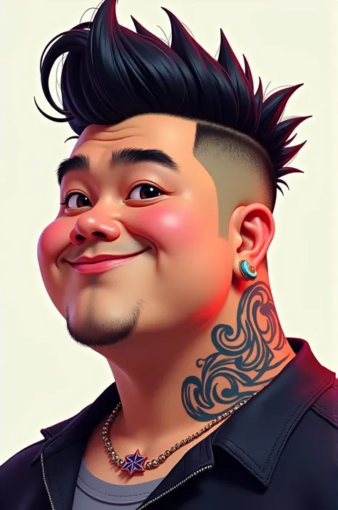 Chubby asian guy with a neck tattoo and spiky hair
