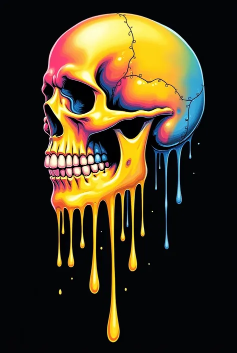 An avant-garde, psychedelic art illustration that combines surrealism and minimalism. It features a classic smiley face melting into a skull, with vibrant, flowing lines transitioning from warm colors at the top to cooler hues at the bottom. The smiley fac...