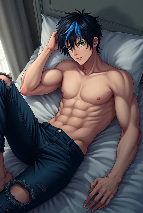  Can you fuck an anime boy, Shirtless with muscles , ripped pants, black and blue hair,  green eyes,  and that Im lying down please 