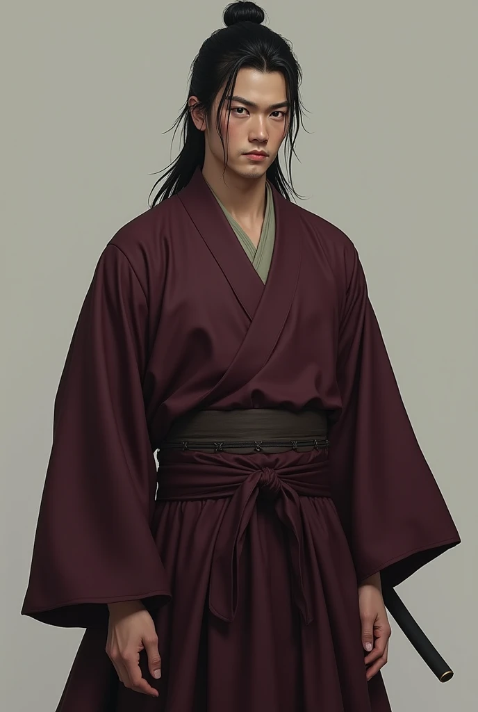 full body of an Asian man of approximately 20 years old, with long hair tied in a bun, with a scar on the entire side of his face, wearing a dark wine colored kimono