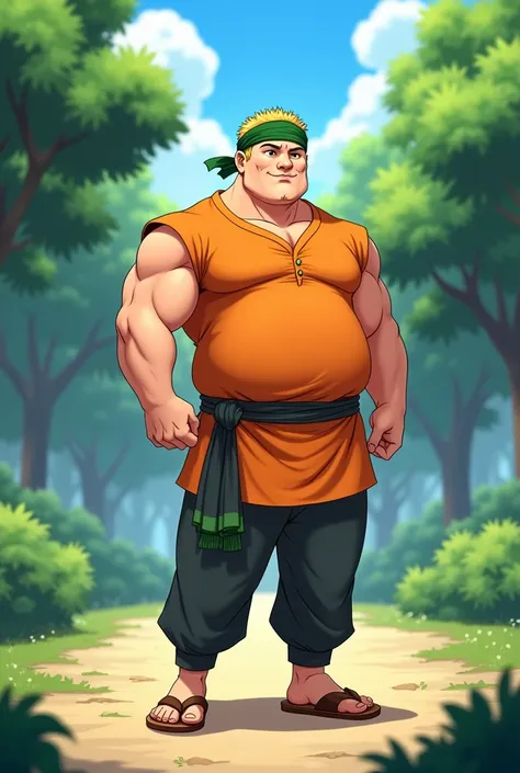 Adult Man, round face, with short thin yellow haircut, less chubby, muscular, strong, in Anime, wearing his green bandana-like-beanie on his head, wearing his orange short kurta, dark gray pants that is long sleeved at the bottom, brown sandals, standing a...