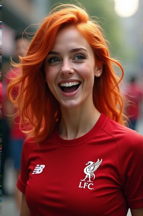 Red hair girl in her twenties wearing a Liverpool jersey 