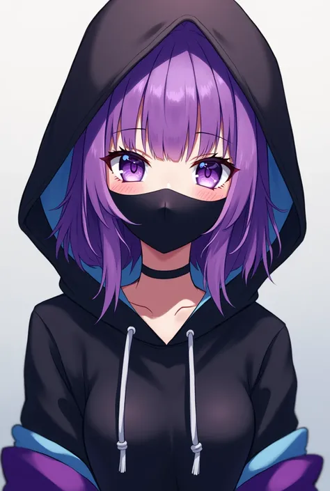  anime style , A girl, with purple hair, with purple eyes, with sweatshirt color black purple light blue,With black hood, with black face mask 