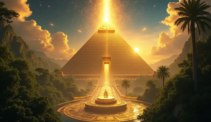  An epic image that encapsulates the legendary story of Akator :  a magnificent golden city ,  hidden deep in a tropical jungle . in the center,  the imposing Great Pyramid of Eternity radiates cosmic light from a shining crystal at its apex,  connecting w...