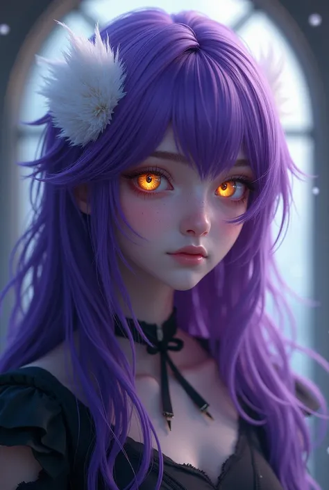 Make her have purple hair with a white tuft and yellow eyes