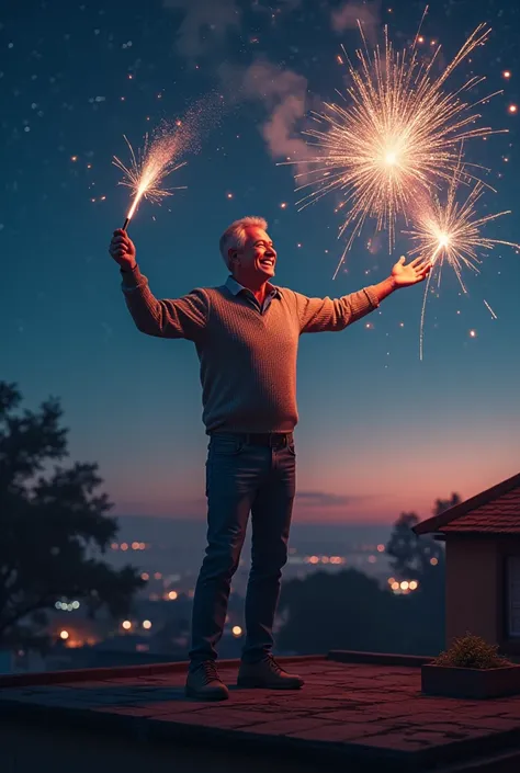 A man standing on his rooftop and bursting crackers to celebrate New Year 2025