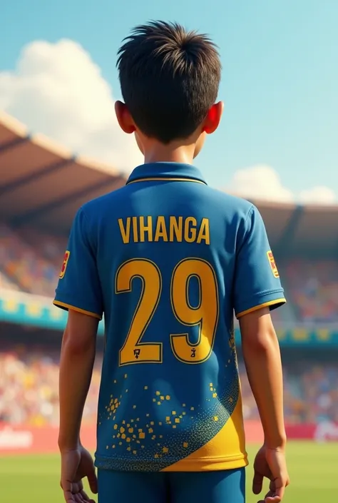 A handsome 3d boy wearing sri lanka cricket jersey and jersey name is VIHANGA and jersey number is 29 back side photo and back ground is International 3d playground