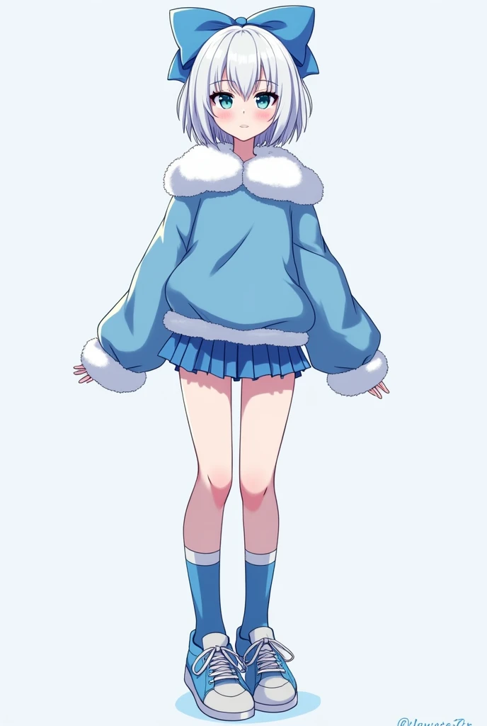 Skin color white as snow, Short white hair with fringe , blue eyes, a blue bow on the head , Blue fur shirt glued , short mini skirt above the thighs in the color blue,sneakers blue , big boobs, knee-length blue socks ,Adult anime 