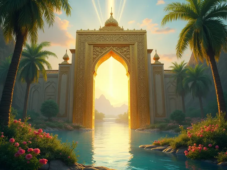  Create a symbolic representation of the Gate of Jannah (Paradise). At the center, depict an ornate, magnificent golden gate with intricate patterns of floral and geometric designs, standing tall and majestic, symbolizing the entrance to eternal bliss. The...