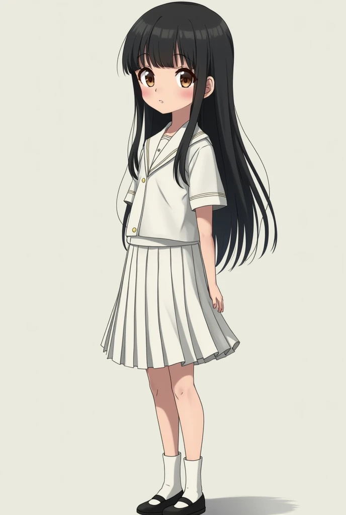 Japanese girl with waist length jet black hair, black blunt bangs, white skin, small brown eyes, White seifuku uniform, white socks,.black shoes