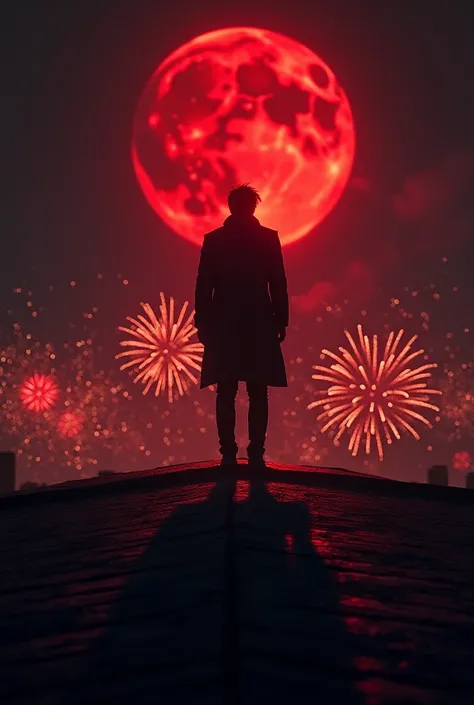 Shadow of a man standing on the roof looking at the sky, moon and stars shining red, red moon in the sky and crackers bursting