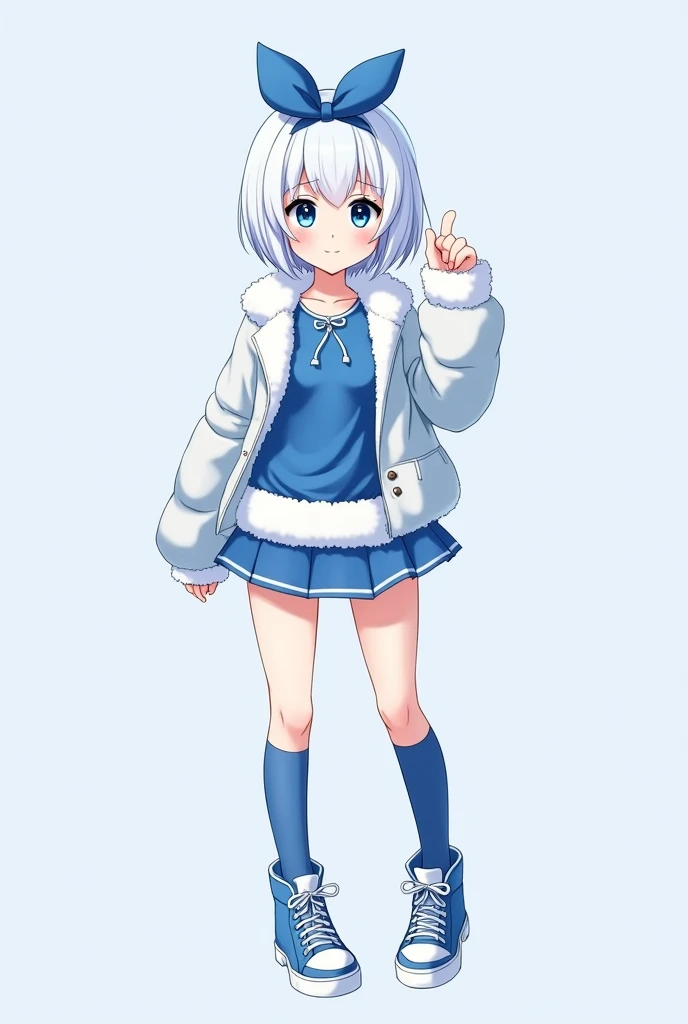 Skin color white as snow, Short white hair with fringe , blue eyes, a blue bow on the head , Blue fur shirt glued , short mini skirt above the thighs in the color blue,sneakers blue , big boobs, knee-length blue socks ,Adult anime 