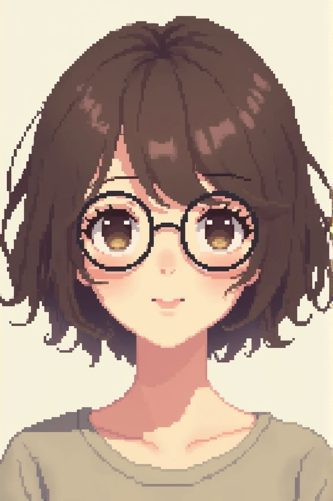 Creates a pixel image of a girl with glasses, short wavy hair, white skin 