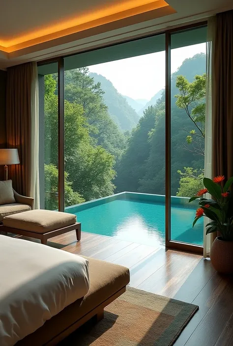 Create a luxurious hotel room with a view of a pool where there are trees or in a forest 