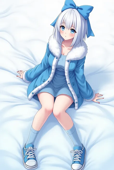 Skin color white as snow, Short white hair with fringe , blue eyes, a blue bow on the head , Blue fur shirt glued , short mini skirt above the thighs in the color blue,sneakers blue , big boobs, knee-length blue socks ,Adult anime 