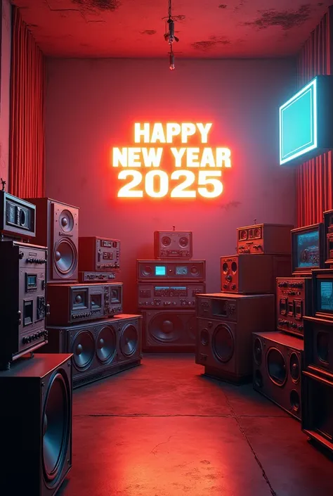 Recreate an image with lots of speakers that say happy new year 2025 Audio 4 vintage hi-fi