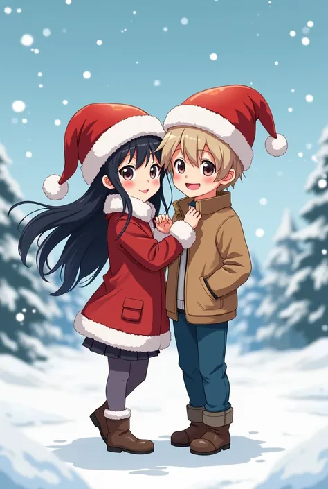 Anime girl and boy teen wearing santa hats and posing in the snow, girl with long black hair and boy brown fluffy hair