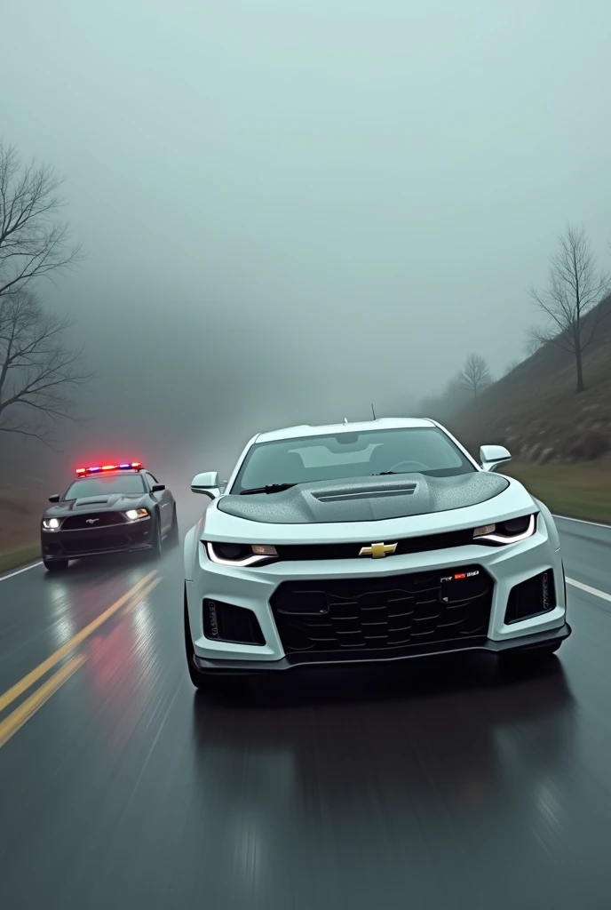 A Camaro Z / 28 2015 white being chased by a matte black Ford Mustang 2007 with a red police siren, The Camaro is in the front and the Mustang is on the left.  Realistic Details, scenario with a rainy gray cloudy sky ,  with a road with few trees and greyi...